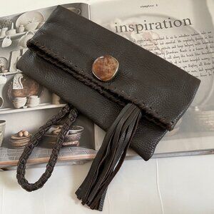 ARTISAN Pebbled Leather Brown Clutch with Petrified Wood Jasper Clasp is NWOT!